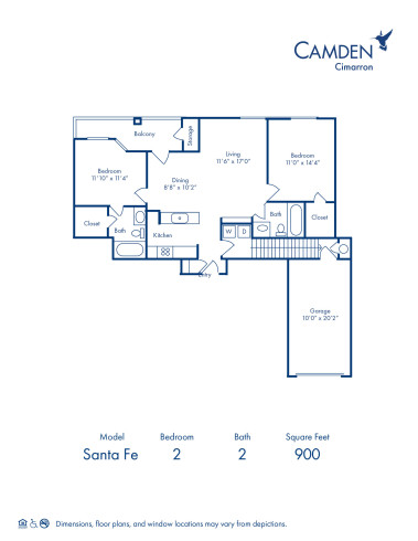 Blueprint of Santa Fe Floor Plan, 2 Bedrooms and 2 Bathrooms at Camden Cimarron Apartments in Irving, TX