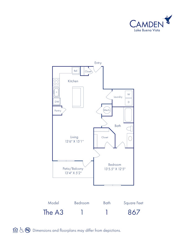 A3 floor plan at Camden Lake Buena Vista apartments in Orlando, FL