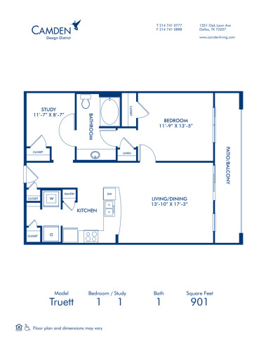 Blueprint of Truett Floor Plan, 1 Bedroom and 1 Bathroom at Camden Design District Apartments in Dallas, TX