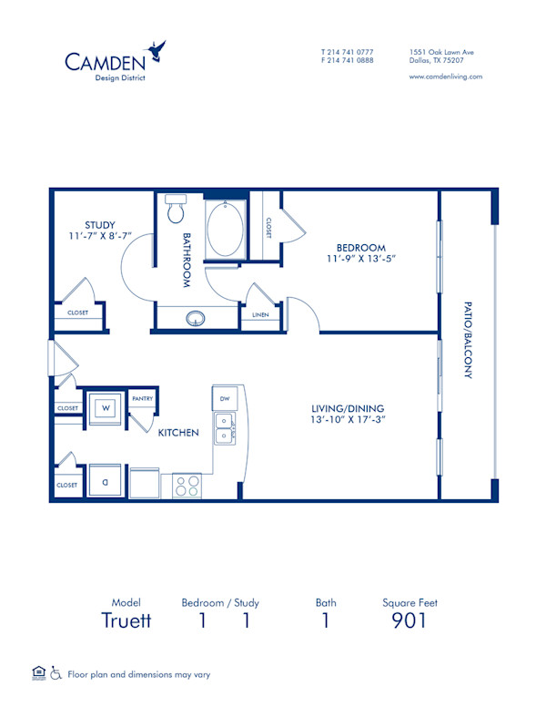 Blueprint of Truett Floor Plan, 1 Bedroom and 1 Bathroom at Camden Design District Apartments in Dallas, TX