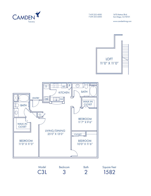 Blueprint of C3L Floor Plan, Apartment Home with 3 Bedrooms and 2 Bathrooms at Camden Tuscany in San Diego, CA