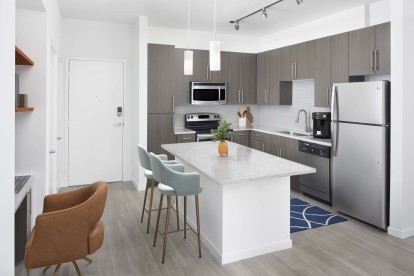 Kitchen in the mocha finish style at Camden Thornton Park apartments in Orlando, FL