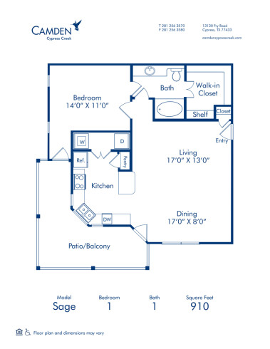 Blueprint of Sage Floor Plan, 1 Bedroom and 1 Bathroom at Camden Cypress Creek Apartments in Cypress, TX