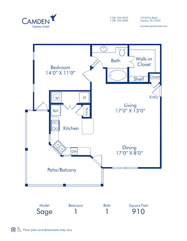 Blueprint of Sage Floor Plan, 1 Bedroom and 1 Bathroom at Camden Cypress Creek Apartments in Cypress, TX
