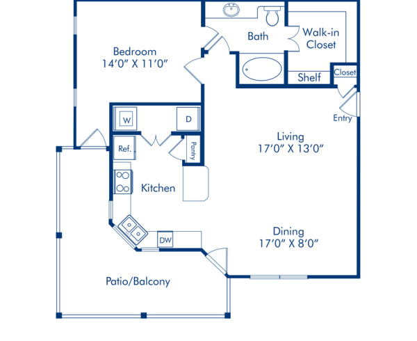 Blueprint of Sage Floor Plan, 1 Bedroom and 1 Bathroom at Camden Cypress Creek Apartments in Cypress, TX