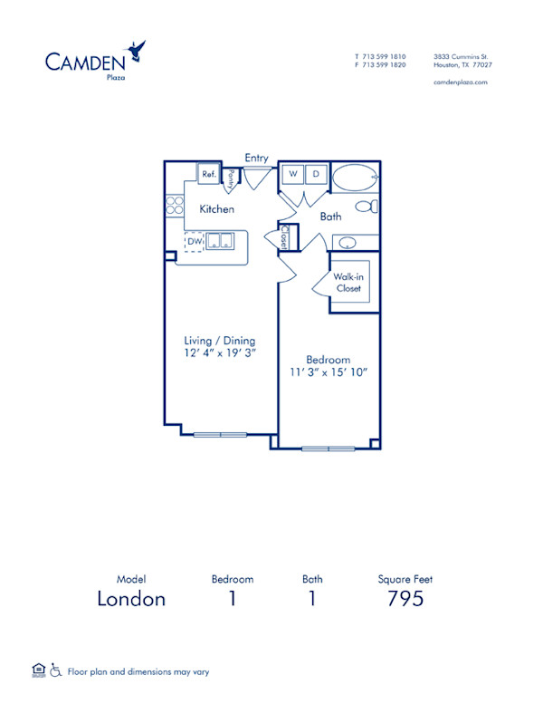 Blueprint of London Floor Plan, 1 Bedroom and 1 Bathroom at Camden Plaza Apartments in Houston, TX