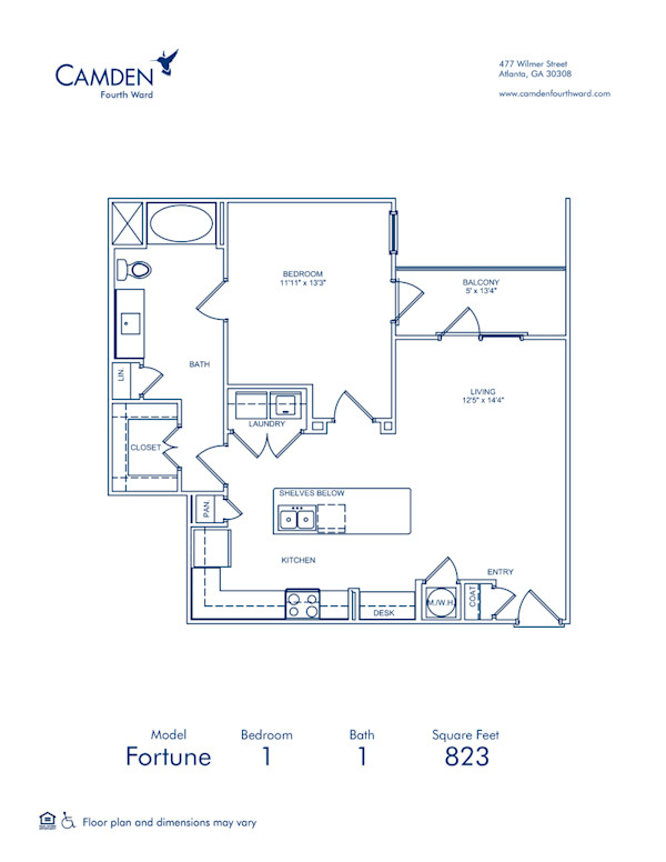 Blueprint of Fortune Floor Plan, 1 Bedroom and 1 Bathroom at Camden Fourth Ward Apartments in Atlanta, GA