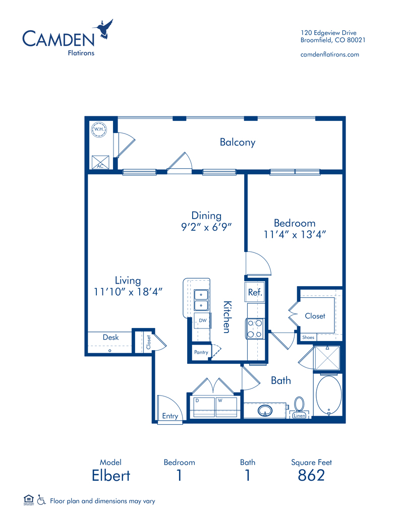 Blueprint of Elbert Floor Plan, 1 Bedroom and 1 Bathroom at Camden Flatirons Apartments in Broomfield, CO