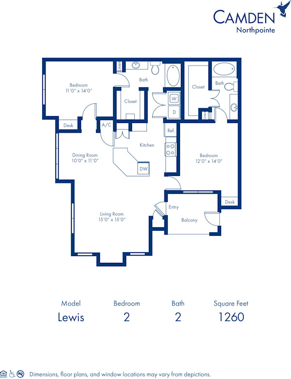 Blueprint of Lewis Floor Plan, 2 Bedrooms and 2 Bathrooms at Camden Northpointe Apartments in Tomball, TX