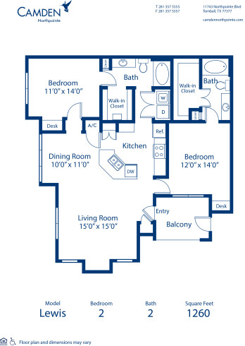 Blueprint of Lewis Floor Plan, 2 Bedrooms and 2 Bathrooms at Camden Northpointe Apartments in Tomball, TX