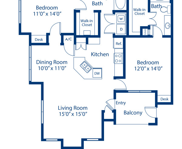 Blueprint of Lewis Floor Plan, 2 Bedrooms and 2 Bathrooms at Camden Northpointe Apartments in Tomball, TX