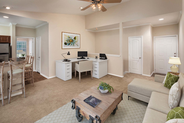 Top floor living room with carpet and space for a home office