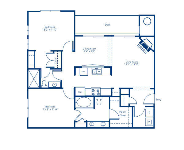 Blueprint of 2.2B Floor Plan, 2 Bedrooms and 2 Bathrooms at Camden Governors Village Apartments in Chapel Hill, NC