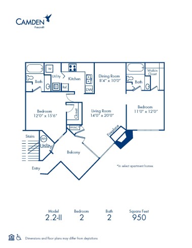 Blueprint of 2.2 - II Floor Plan, 2 Bedrooms and 2 Bathrooms at Camden Foxcroft II Apartments in Charlotte, NC