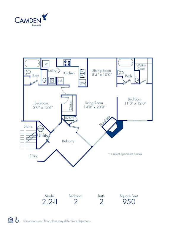 Blueprint of 2.2 - II Floor Plan, 2 Bedrooms and 2 Bathrooms at Camden Foxcroft II Apartments in Charlotte, NC