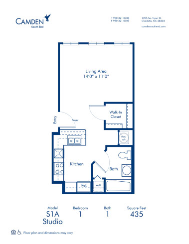 Blueprint of S1A Floor Plan, Studio with 1 Bathroom at Camden South End Apartments in Charlotte, NC