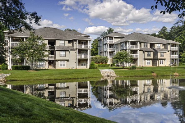 Building exterior along lake