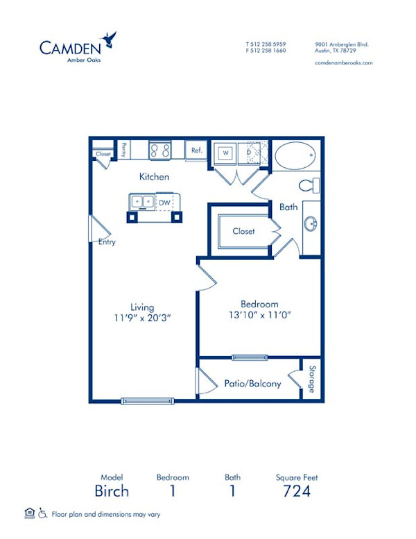 Blueprint of Birch Floor Plan, 1 Bedroom and 1 Bathroom at Camden Amber Oaks Apartments in Austin, TX