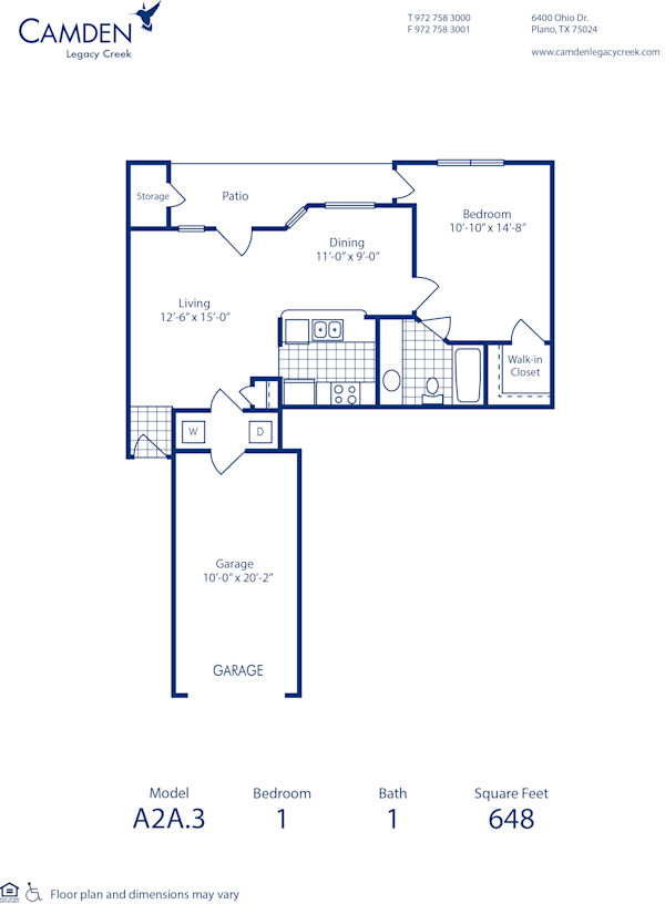 Blueprint of A2A.3 Floor Plan, 1 Bedroom and 1 Bathroom at Camden Legacy Creek Apartments in Plano, TX