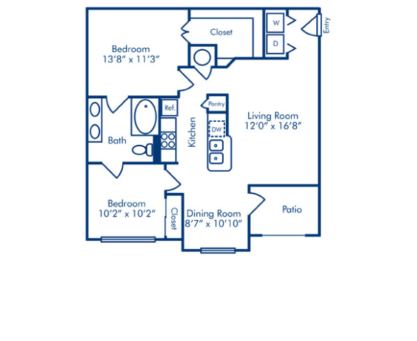 Blueprint of Emerald Floor Plan, 2 Bedrooms and 1 Bathroom at Camden Lago Vista Apartments in Orlando, FL