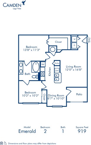 Blueprint of Emerald Floor Plan, 2 Bedrooms and 1 Bathroom at Camden Lago Vista Apartments in Orlando, FL