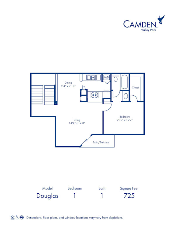 Blueprint of D Floor Plan, 1 Bedroom and 1 Bathroom at Camden Valley Park Apartments in Irving, TX