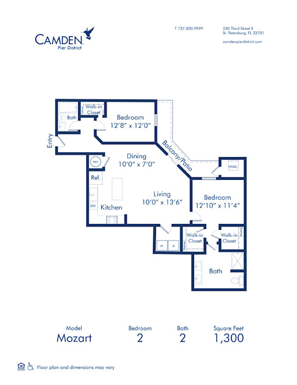 Blueprint of Mozart floor plan, two bedroom and two bathroom apartment home at Camden Pier District Apartments in St. Petersburg, FL
