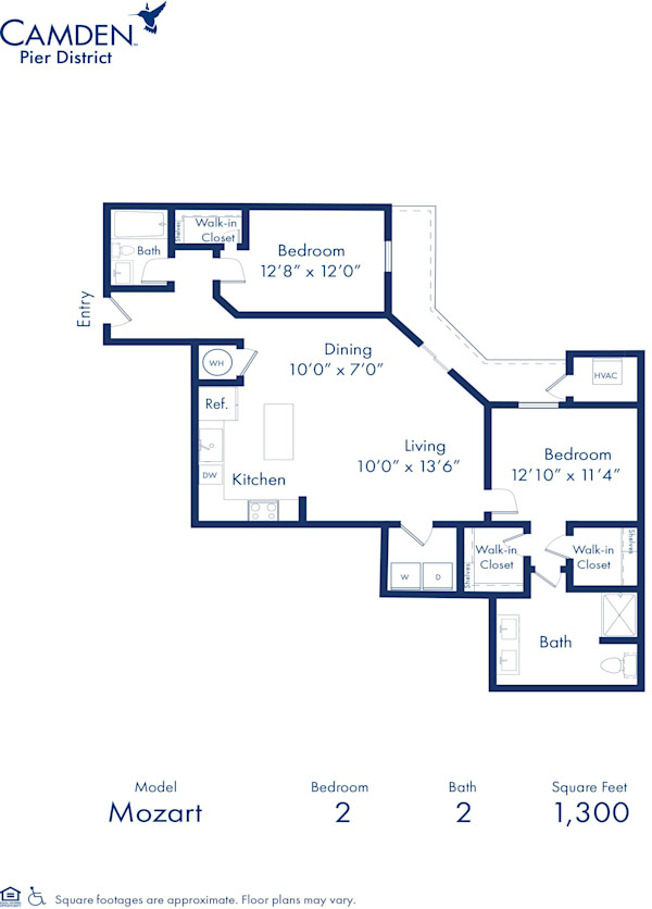 Blueprint of Mozart floor plan, two bedroom and two bathroom apartment home at Camden Pier District Apartments in St. Petersburg, FL