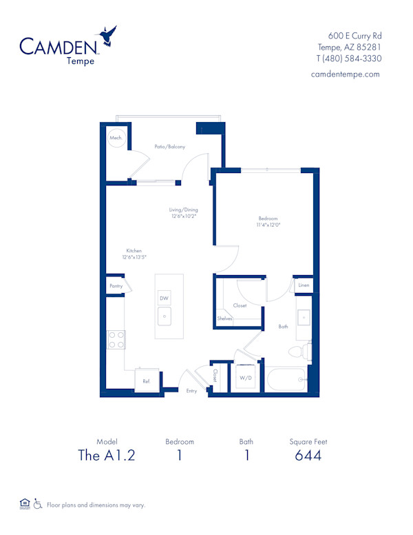 Camden Tempe apartments in Tempe, Arizona, one bedroom floor plan A1.2
