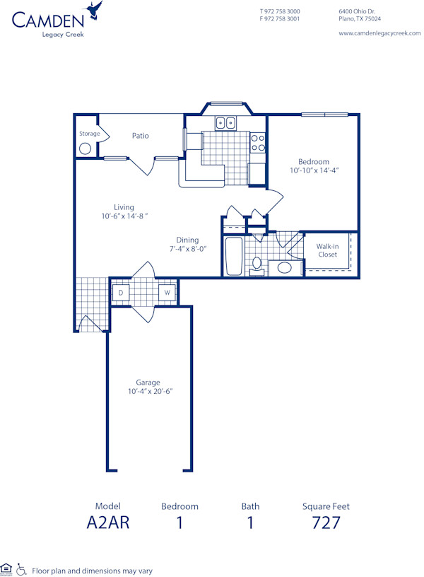 Blueprint of A2AR Floor Plan, 1 Bedroom and 1 Bathroom at Camden Legacy Creek Apartments in Plano, TX