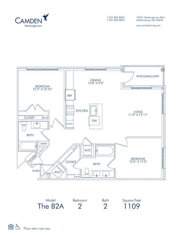 Blueprint of The B2A, 2 Bedroom 2 Bathroom Floor Plan at Camden Washingtonian Apartments in Gaithersburg, MD 
