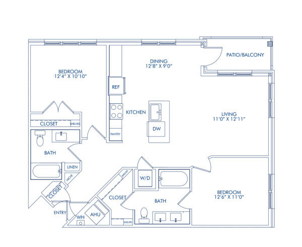 Blueprint of The B2A, 2 Bedroom 2 Bathroom Floor Plan at Camden Washingtonian Apartments in Gaithersburg, MD 