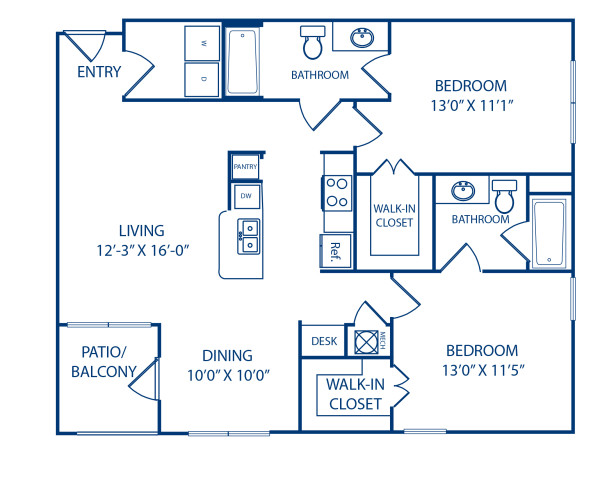 Blueprint of B1-A II Floor Plan, 2 Bedrooms and 2 Bathrooms at Camden Royal Oaks II Apartments in Houston, TX
