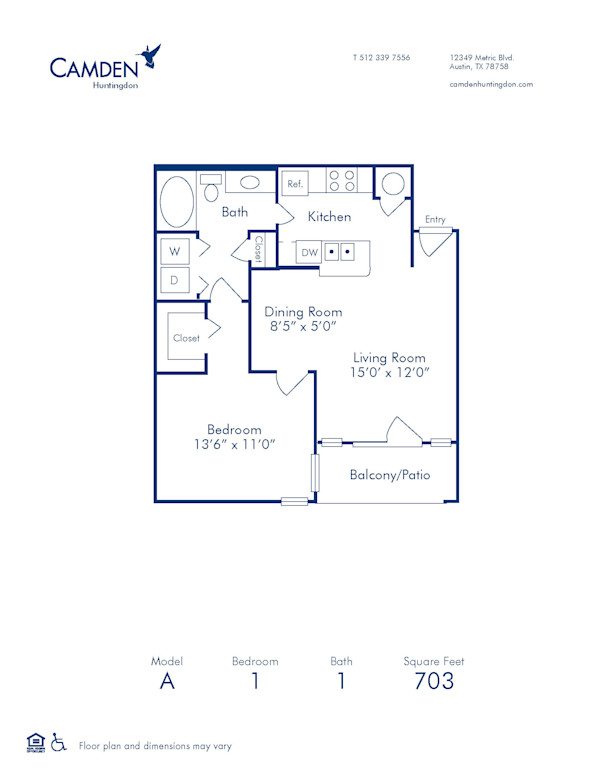 Blueprint of A Floor Plan, 1 Bedroom and 1 Bathroom at Camden Huntingdon Apartments in Austin, TX