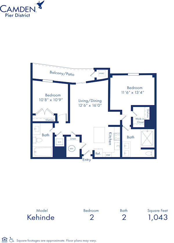 Blueprint of Kehinde floor plan, two bedroom two bathroom apartment at Camden Pier District Apartments in St. Petersburg, FL