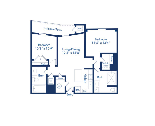Blueprint of Kehinde floor plan, two bedroom two bathroom apartment at Camden Pier District Apartments in St. Petersburg, FL