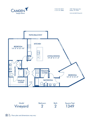 Blueprint of Vineyard Floor Plan, 2 Bedrooms and 2 Bathrooms at Camden Design District Apartments in Dallas, TX