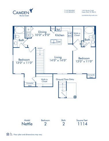 Blueprint of Nettle Floor Plan, 2 Bedrooms and 2 Bathrooms at Camden Brushy Creek Apartments in Cedar Park, TX