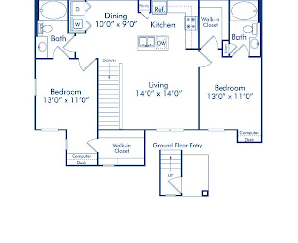 Blueprint of Nettle Floor Plan, 2 Bedrooms and 2 Bathrooms at Camden Brushy Creek Apartments in Cedar Park, TX