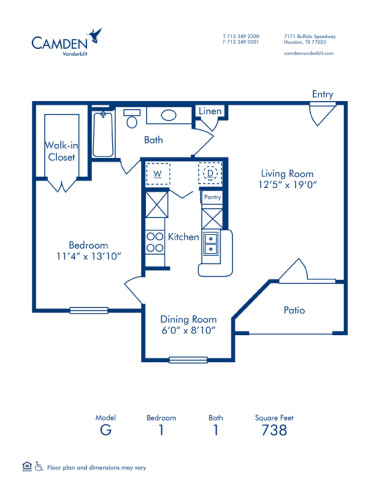 Blueprint of G Floor Plan, 1 Bedroom and 1 Bathroom at Camden Vanderbilt Apartments in Houston, TX