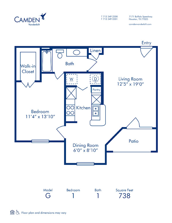Blueprint of G Floor Plan, 1 Bedroom and 1 Bathroom at Camden Vanderbilt Apartments in Houston, TX