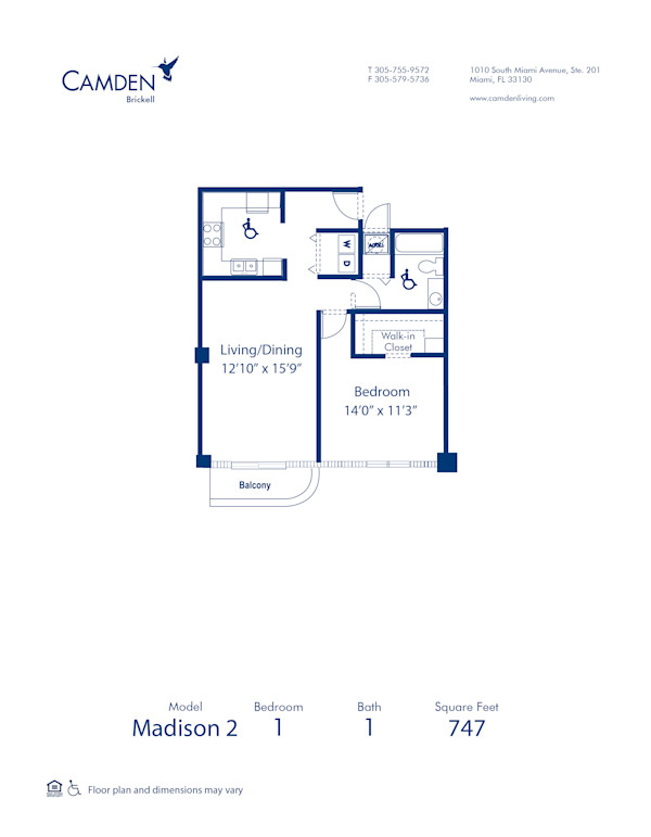 Blueprint of Madison 2 Floor Plan, 1 Bedroom and 1 Bathroom at Camden Brickell Apartments in Miami, FL