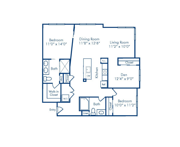 Blueprint of Wisdom (Den) Floor Plan, 2 Bedrooms and 2 Bathrooms at Camden Main and Jamboree Apartments in Irvine, CA