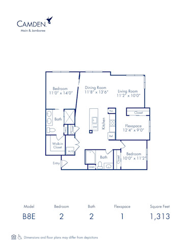 Blueprint of Wisdom (Den) Floor Plan, 2 Bedrooms and 2 Bathrooms at Camden Main and Jamboree Apartments in Irvine, CA