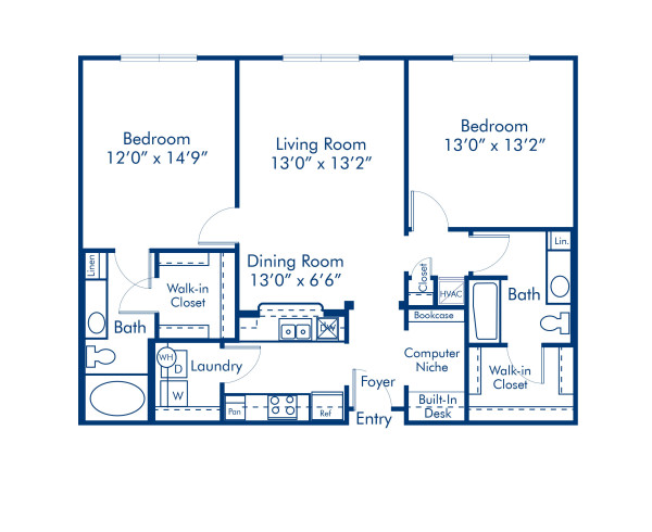 Blueprint of 2.2C Floor Plan, 2 Bedrooms and 2 Bathrooms at Camden South End Apartments in Charlotte, NC