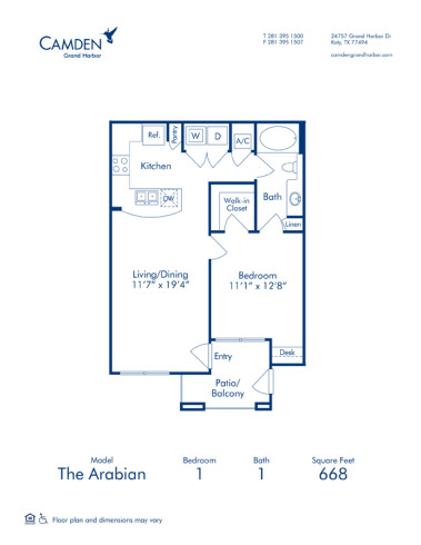 Blueprint of The Arabian Floor Plan, 1 Bedroom and 1 Bathroom at Camden Grand Harbor  Apartments in Katy, TX