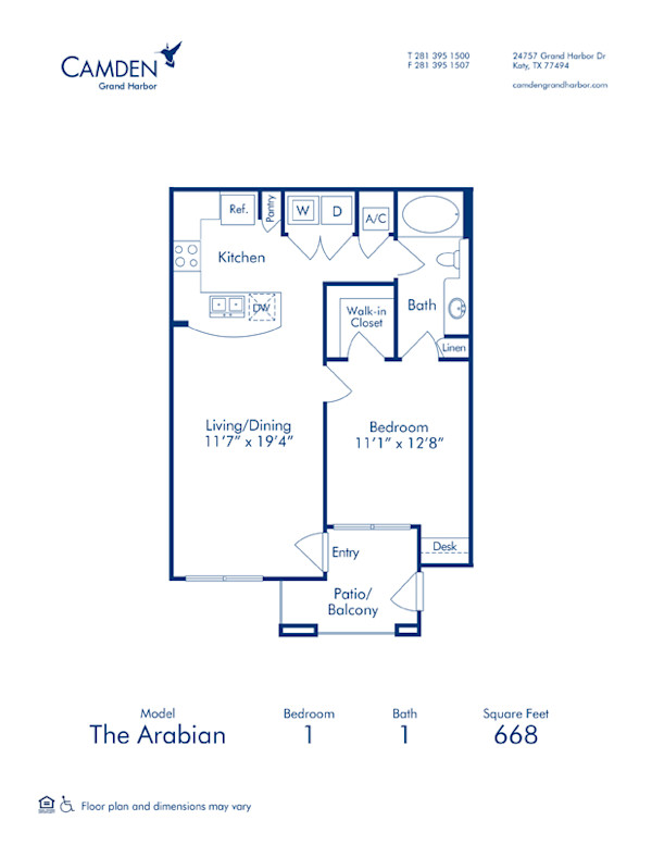 Blueprint of The Arabian Floor Plan, 1 Bedroom and 1 Bathroom at Camden Grand Harbor  Apartments in Katy, TX
