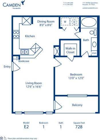 Blueprint of E2 Floor Plan, 1 Bedroom and 1 Bathroom at Camden Vanderbilt Apartments in Houston, TX