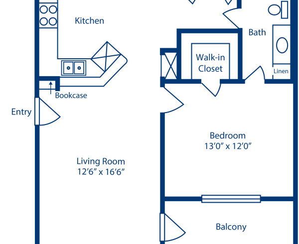 Blueprint of E2 Floor Plan, 1 Bedroom and 1 Bathroom at Camden Vanderbilt Apartments in Houston, TX