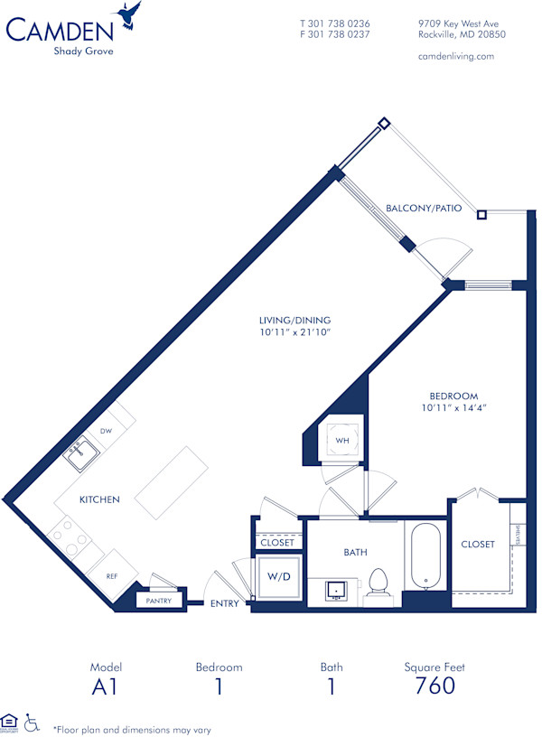 Blueprint of A1 Floor Plan, 1 Bedroom and 1 Bathroom at Camden Shady Grove Apartments in Rockville, MD
